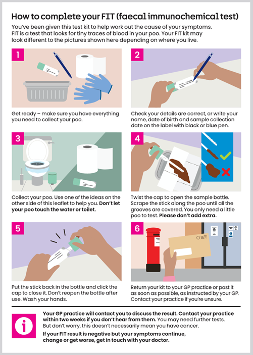 Image showing how to complete a FIT (faecal immunochemical test).