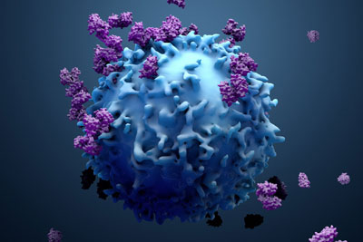 single blue molecule some purple surrounding