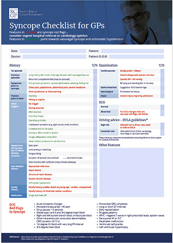 Primary care syncope checklist screenshot