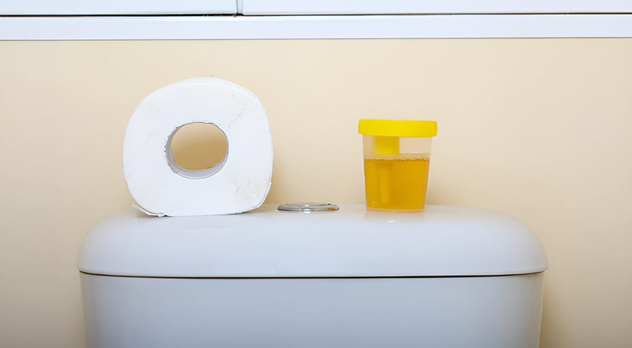 A roll of toilet tissue and a full urine sample pot on top of a toilet cistern