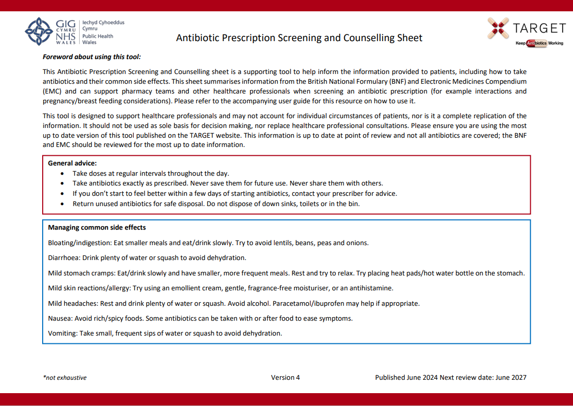 A screenshot of the Antibiotic Prescription Screening and Counselling Sheet setting out guidance in black text. 