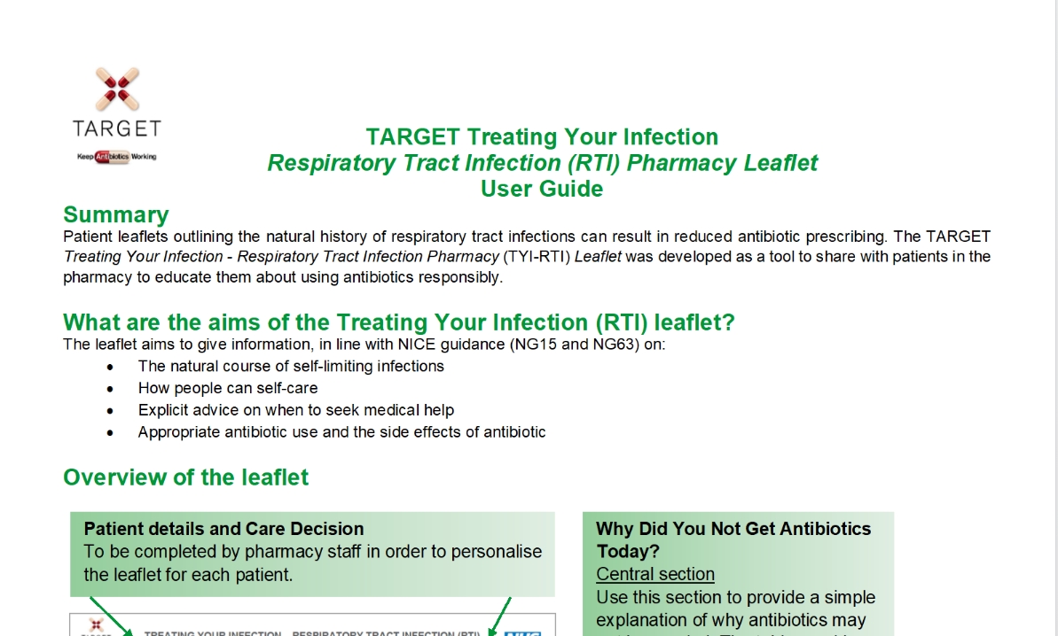 A screenshot of the RTI leaflet for community pharmacies user guide once downloaded with information in black and green text.
