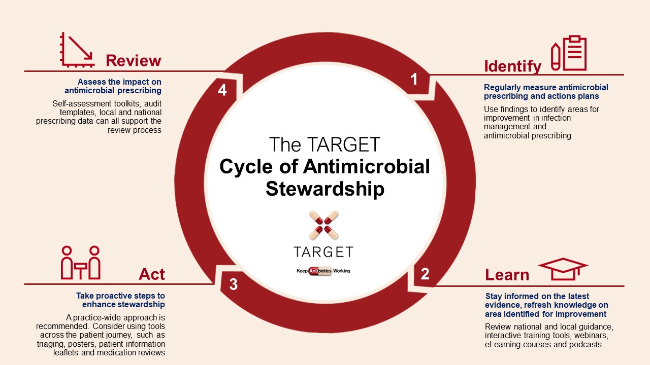 A poster image depicting the TARGET Cycle of Antimicrobial Stewardship: Identify, Learn, Act, Review.