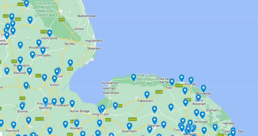A map of East England, showing blue pins dotted around. This is taken from the Google Map linked to on this page.