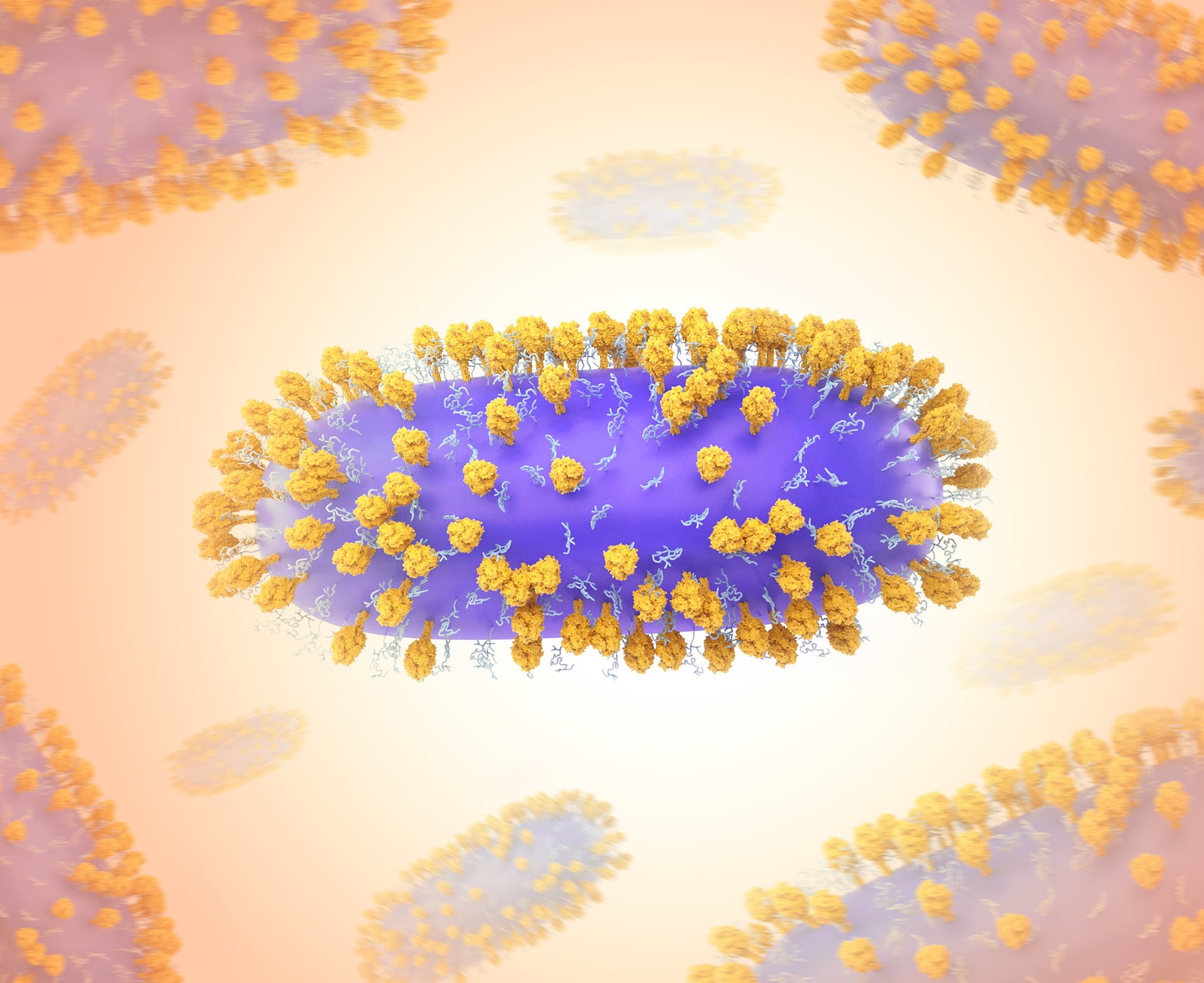 Creative artwork featuring 3D renderings of respiratory syncytial virus (RSV).