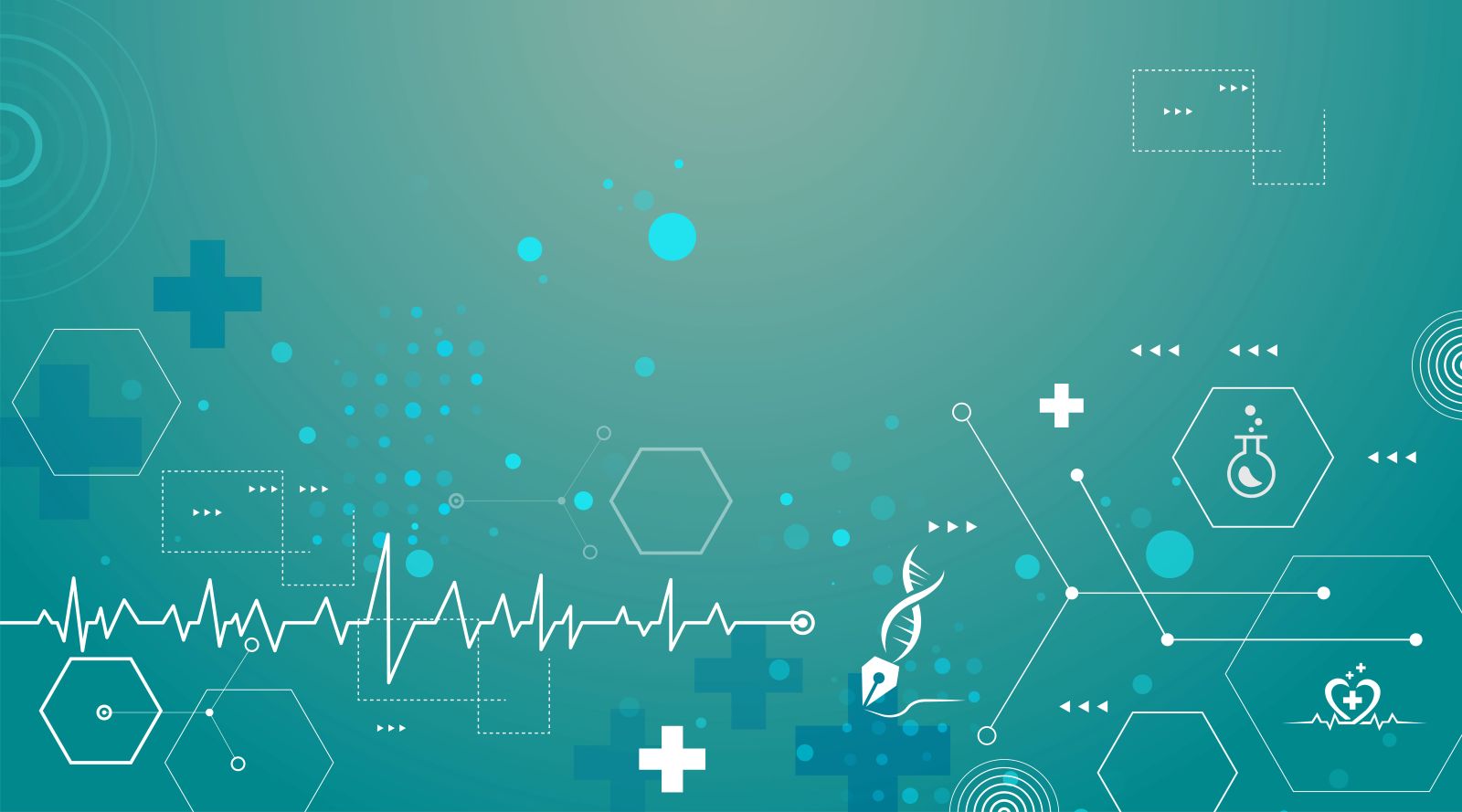 Abstract medical and science background with geometric shapes, heartbeat line, DNA, plus signs and molecular connections.